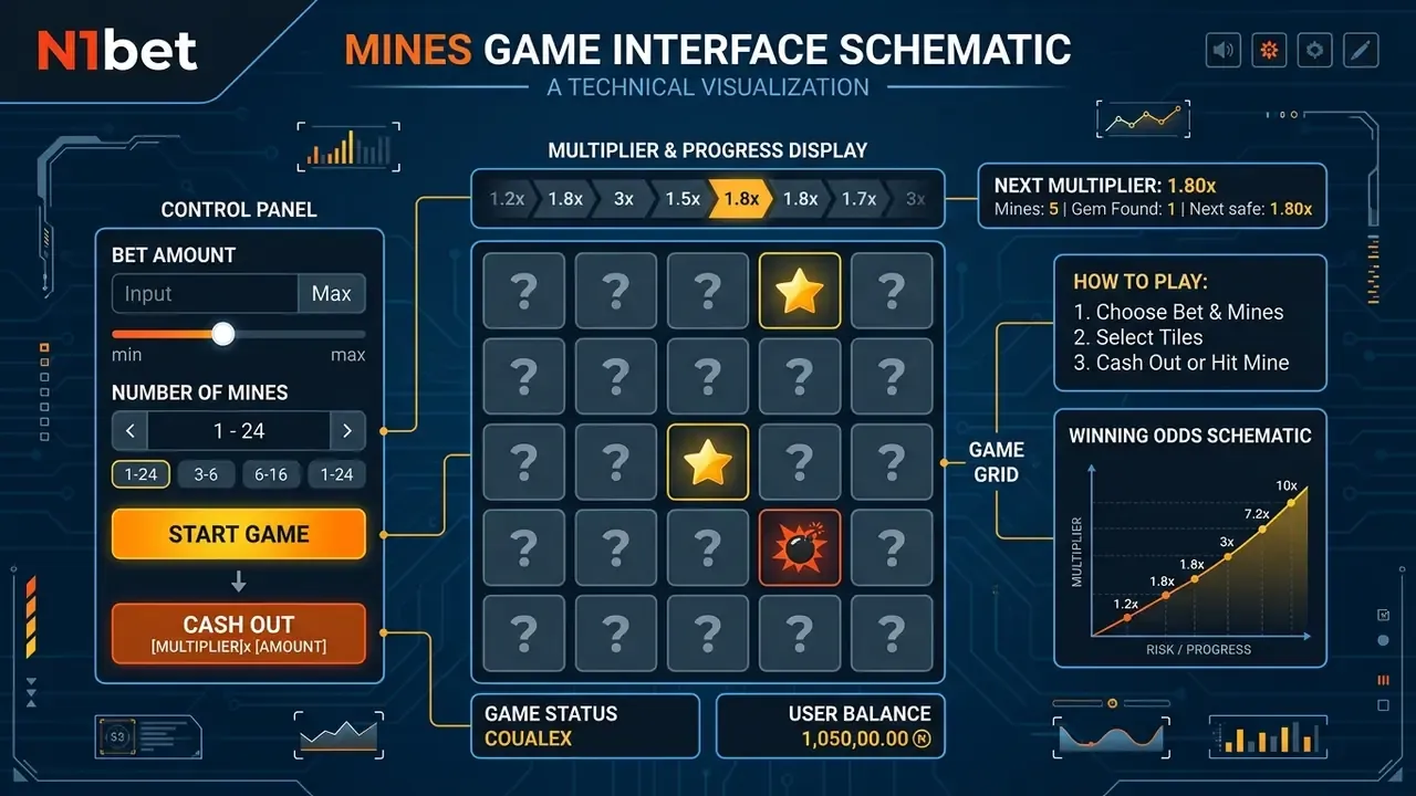 Mines game: grid playing field and hidden tiles